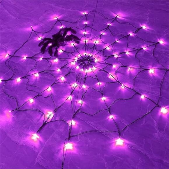 Halloween 80 LED Spider Web Lights with Spider, Battery Powered 8 Modes Light up - Picture 8 of 8